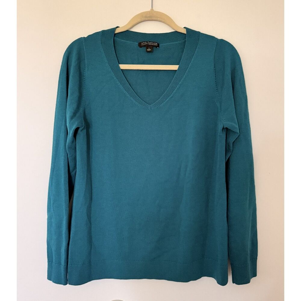 Ann Taylor 100% Italian Merino Wool Teal V Neck Sweater Office Siren Corpcore L